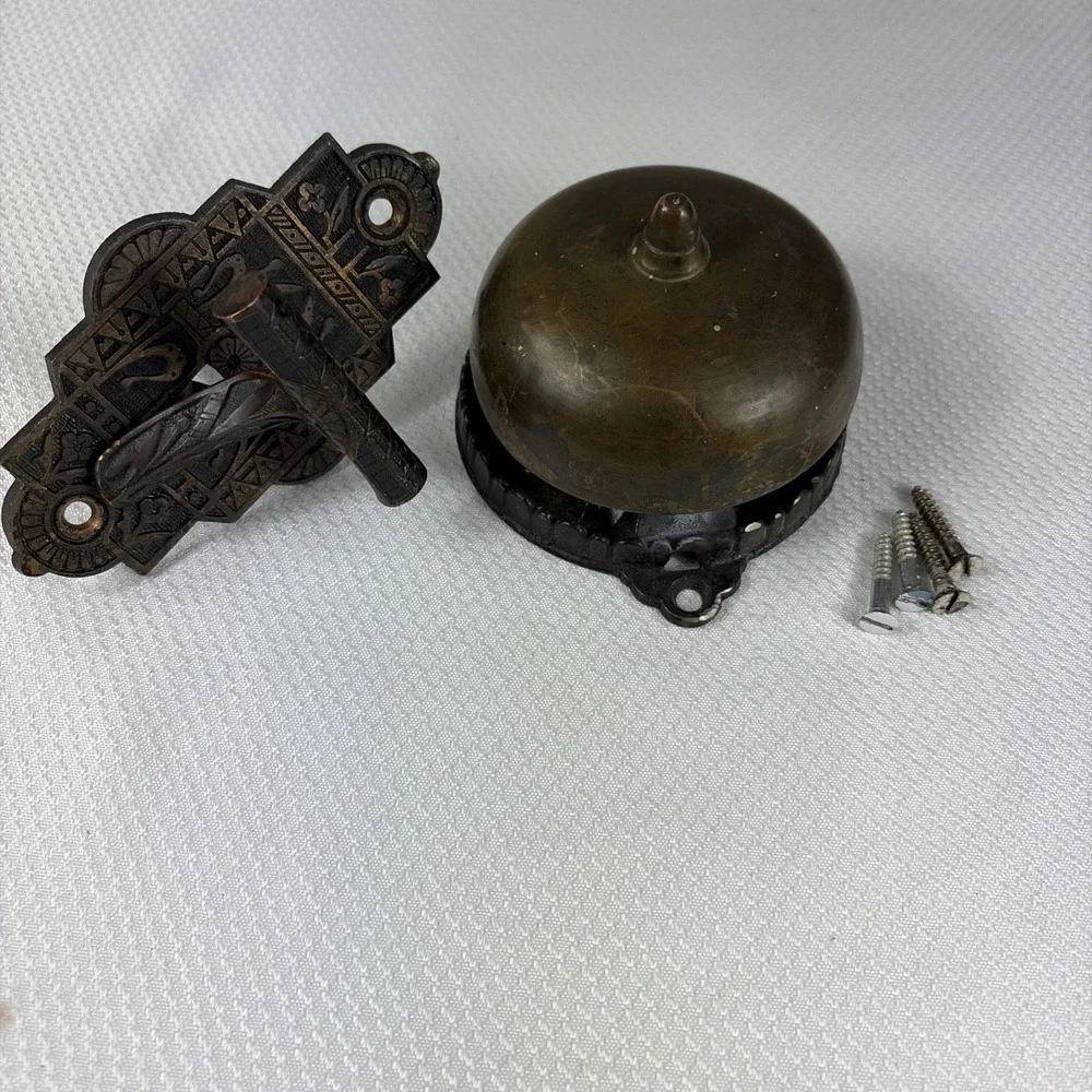 Antique 1872 Victorian Eastlake Mechanical Doorbell with Lever Pull Handle